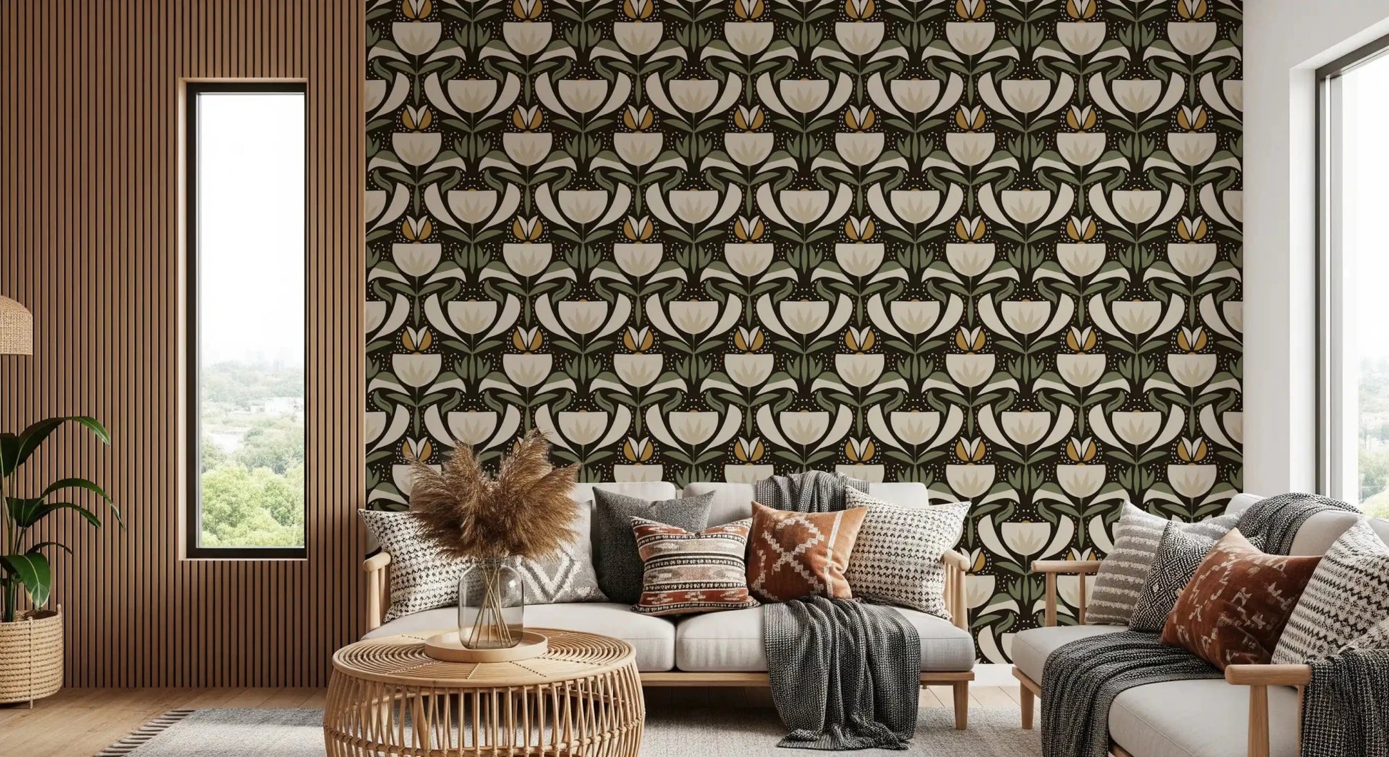 Heritage-style wallpaper featuring tulip floral pattern and balanced vintage shapes