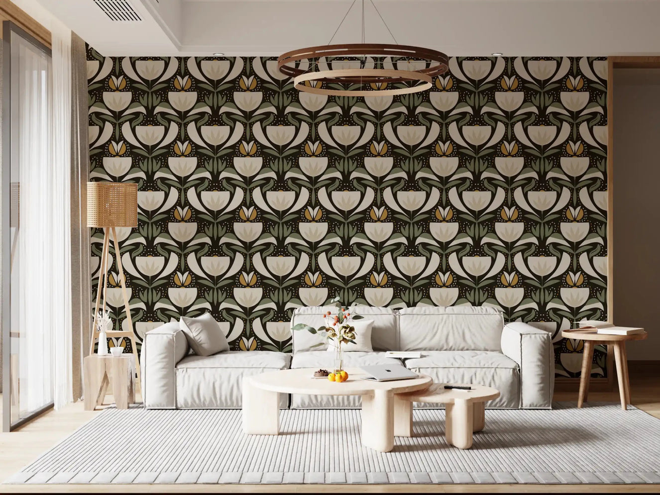 Heritage tulip pattern wallpaper in a living room with vintage floral and sage leaves