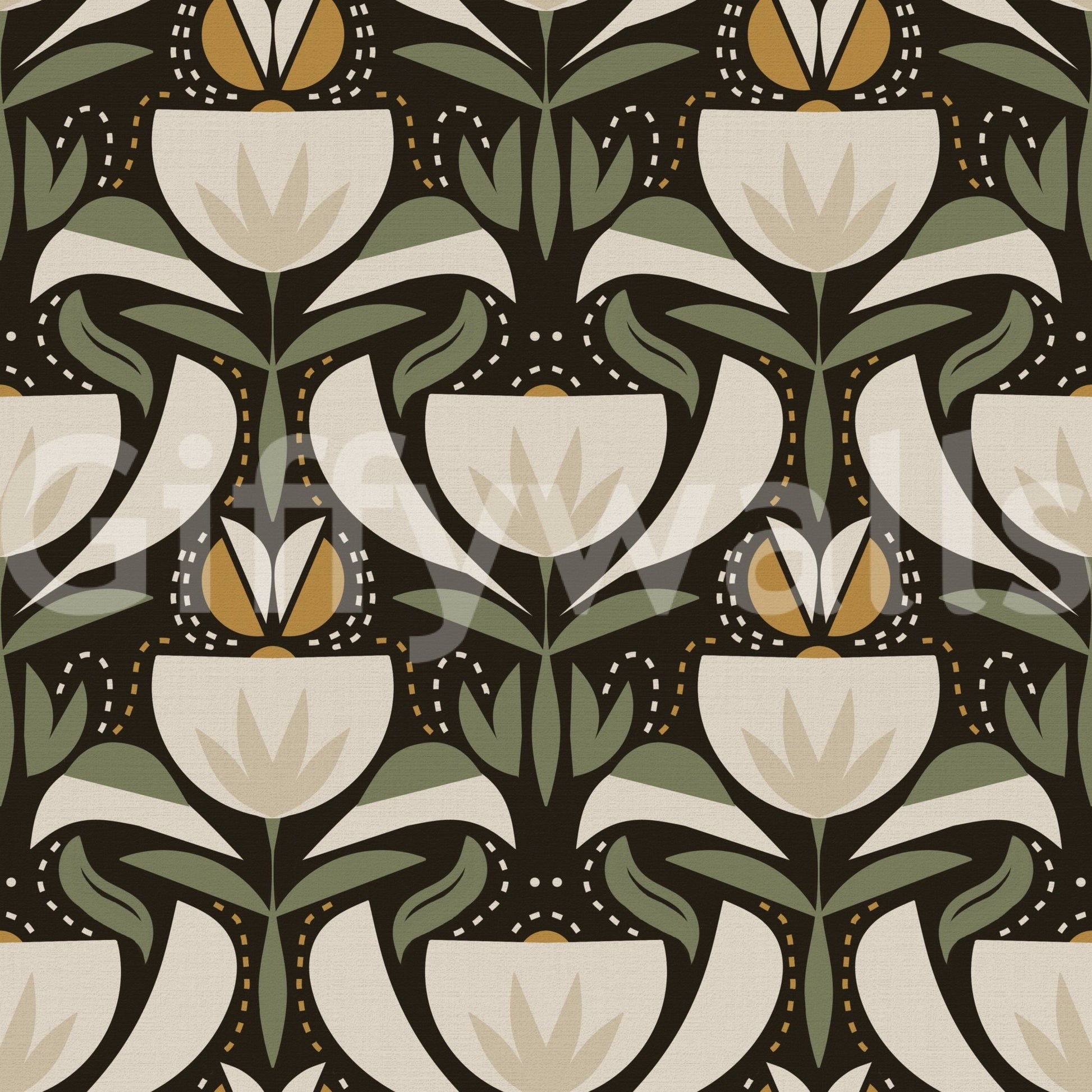 Repeating tulip wallpaper with heritage floral detail and a rich dark ground