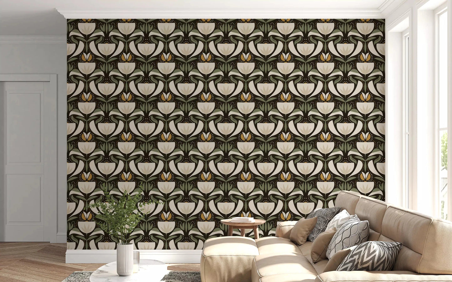 Heritage Tulip Pattern Wallpaper with cream blooms, sage leaves, and vintage detail