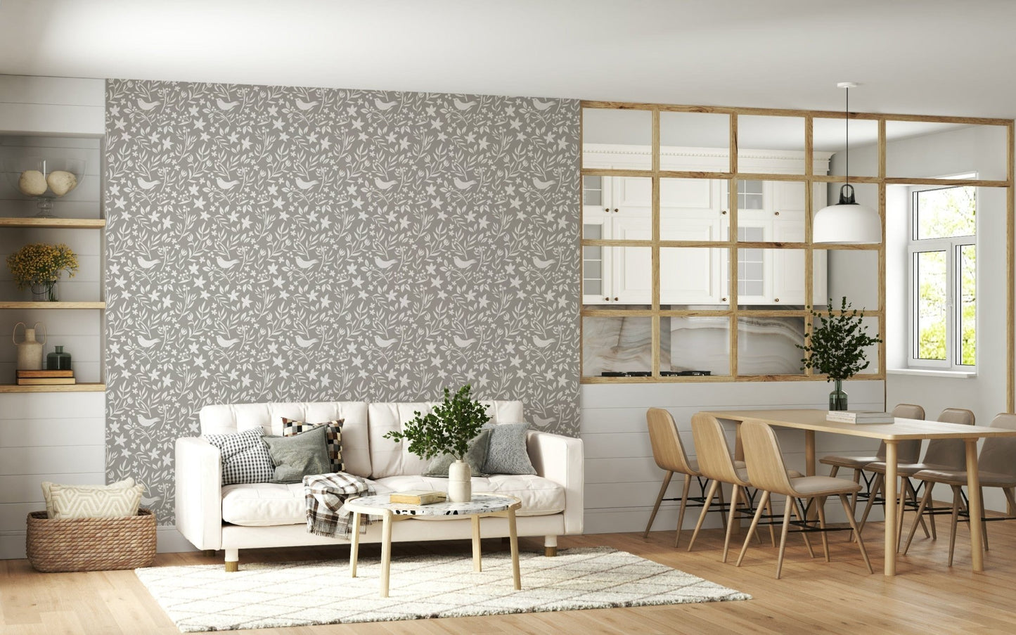 Folk Bird Botanical Theme wallpaper mural with blooming florals

