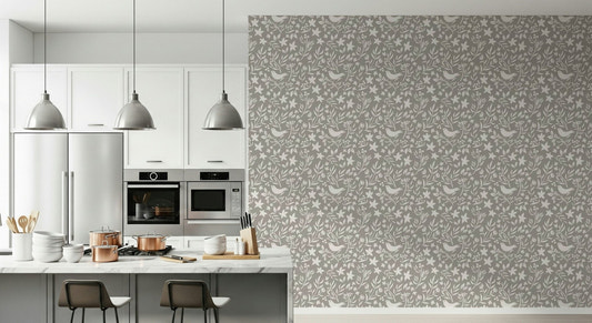 Folk Bird Botanical wall mural, cozy hygge aesthetic.

