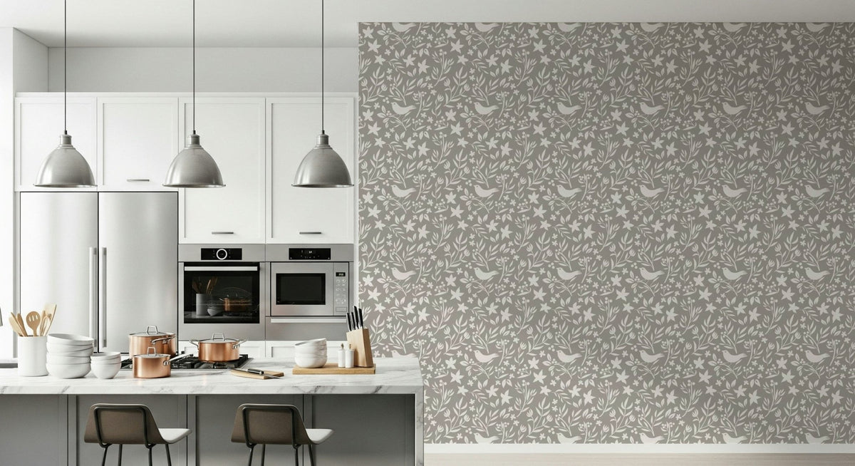 Folk Bird Botanical wall mural, cozy hygge aesthetic.

