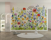 The mural shows a hand-painted floral scene.

