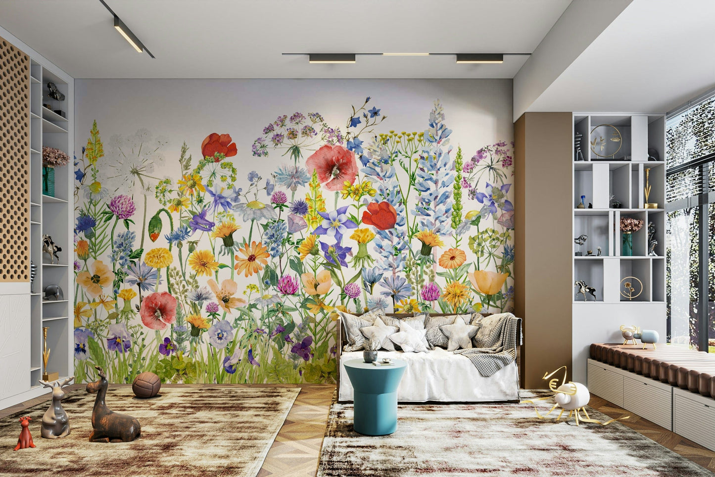 Wall mural with a watercolor wildflower meadow.


