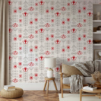 Scandinavian-inspired wallpaper with red and grey blooms

