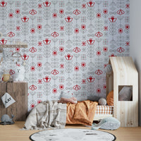 Modern Scandinavian wallpaper with soft red and grey flowers

