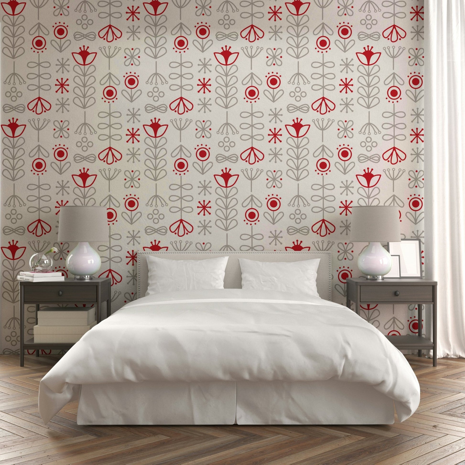 Red and grey Scandinavian bloom wallpaper design

