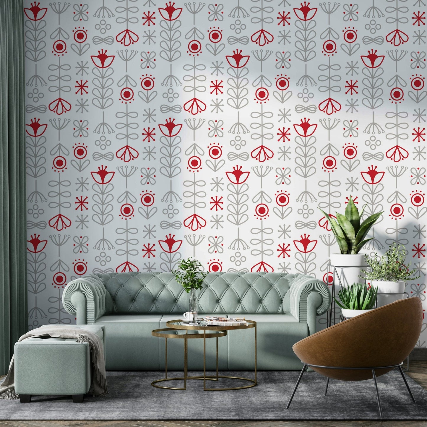 Minimalist red and grey floral wallpaper with Scandinavian flair

