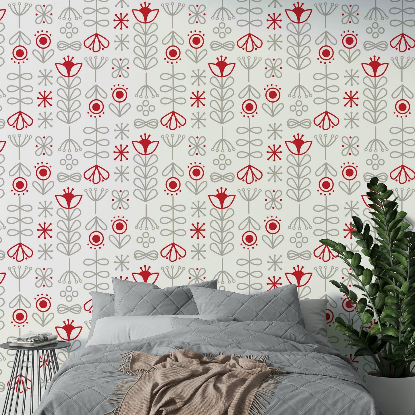 Scandinavian floral wallpaper with red blooms and grey tones

