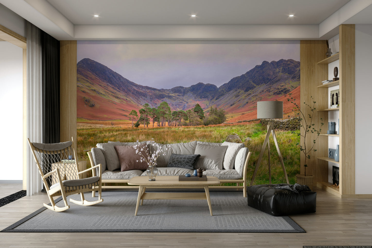 The wallpaper is perfect for a peaceful space.

