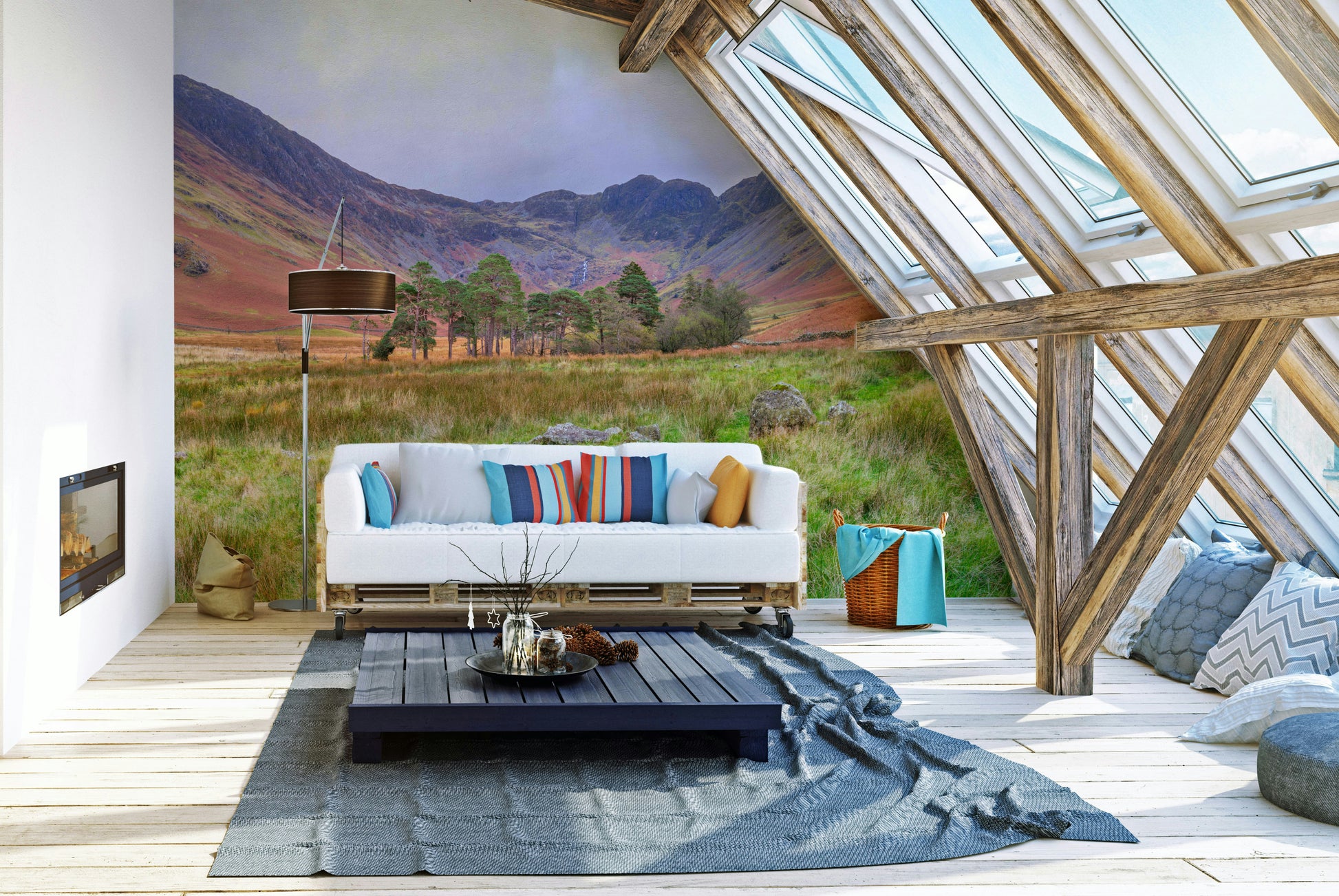 A close-up of the rolling hills and stone wall.

