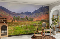 The mural shows a valley with a stream and mountains.

