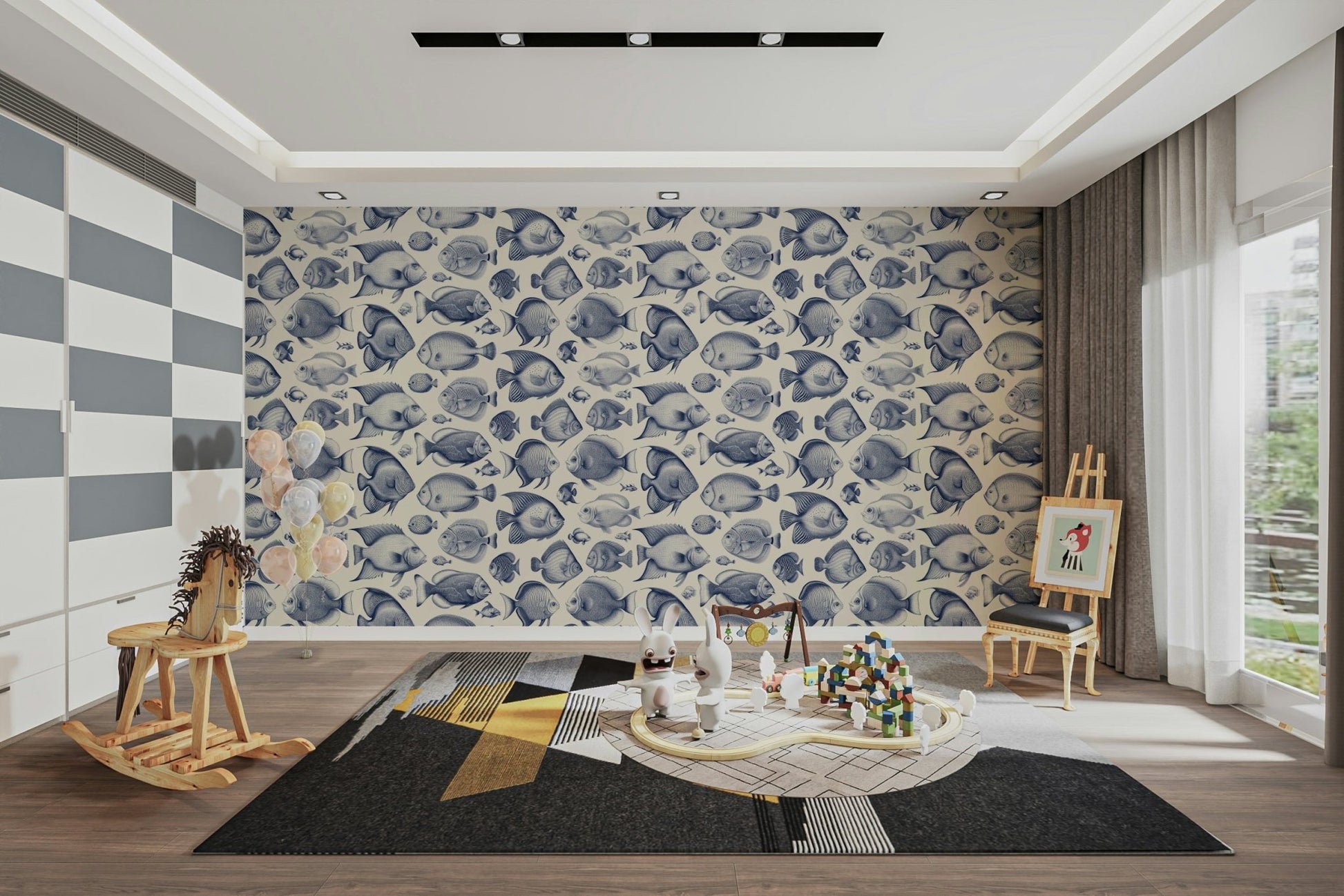 Delft blue line art tropical fish on cream wallpaper

