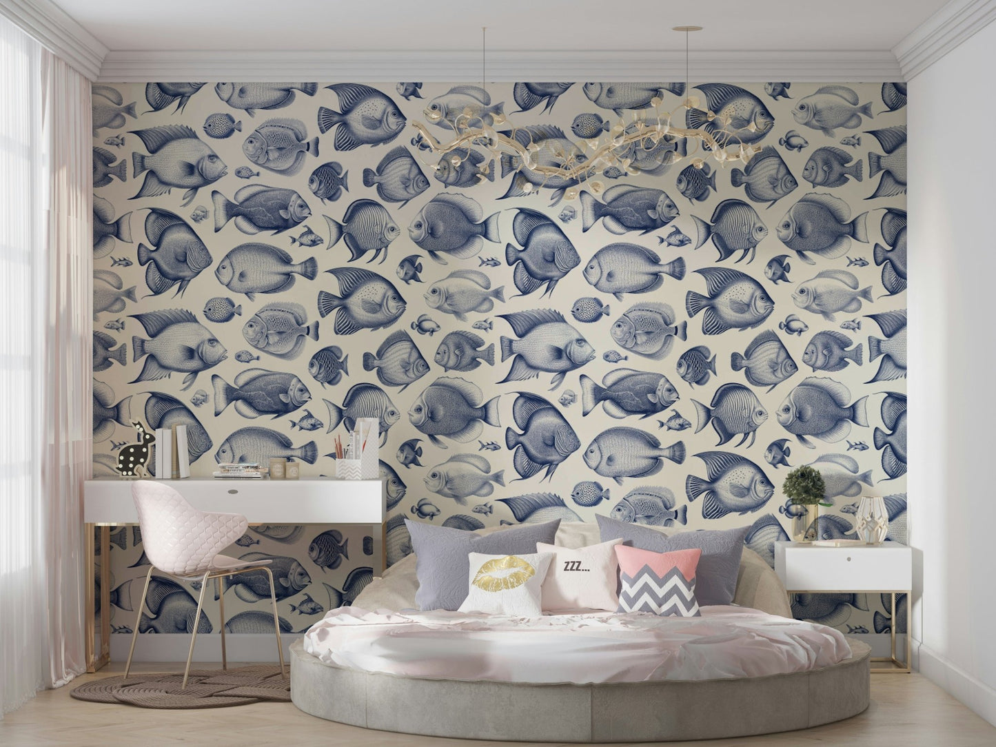 Angel fish and puffer fish illustrations in repeat pattern

