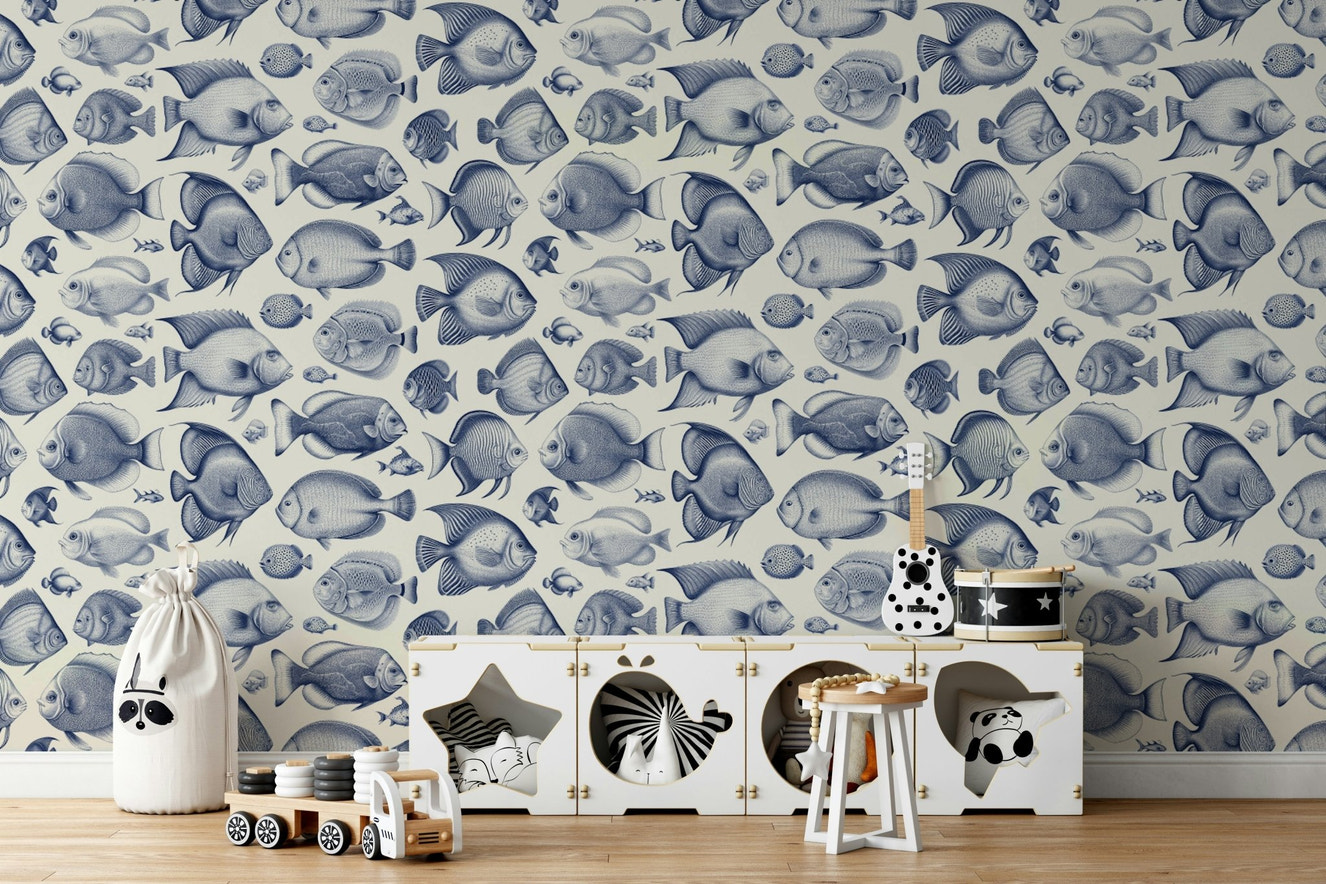 Exotic fish drawn in Delft blue over soft cream backdrop


