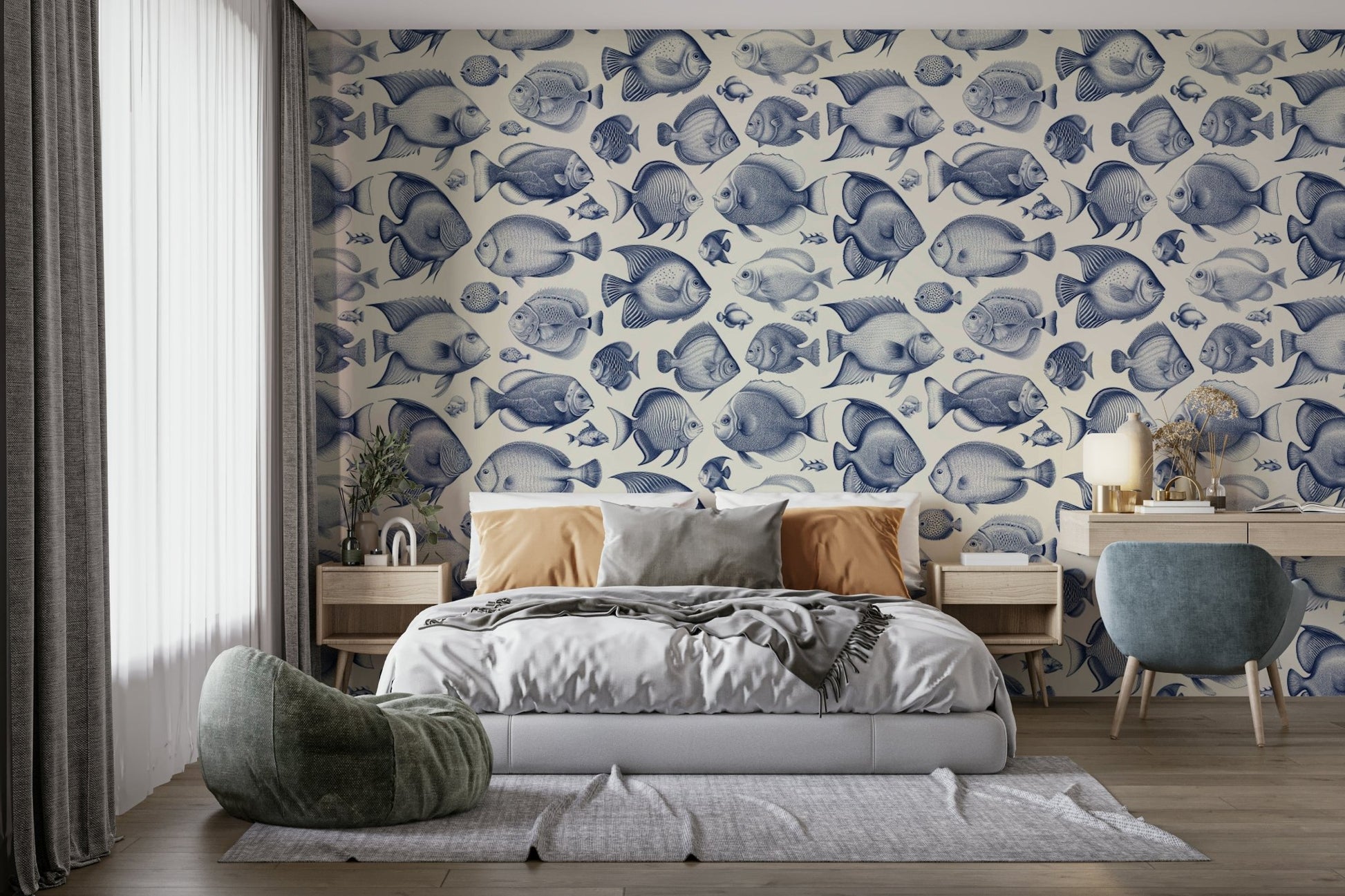 Bathroom wall mural of Delft blue marine illustration

