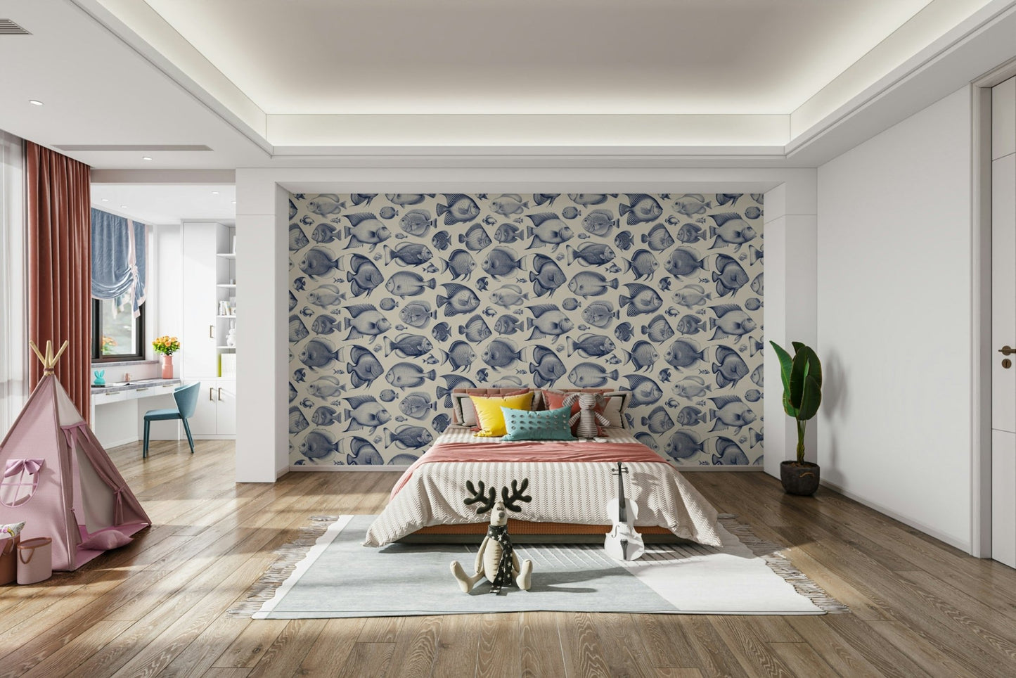 Educational style fish print wallpaper panel view

