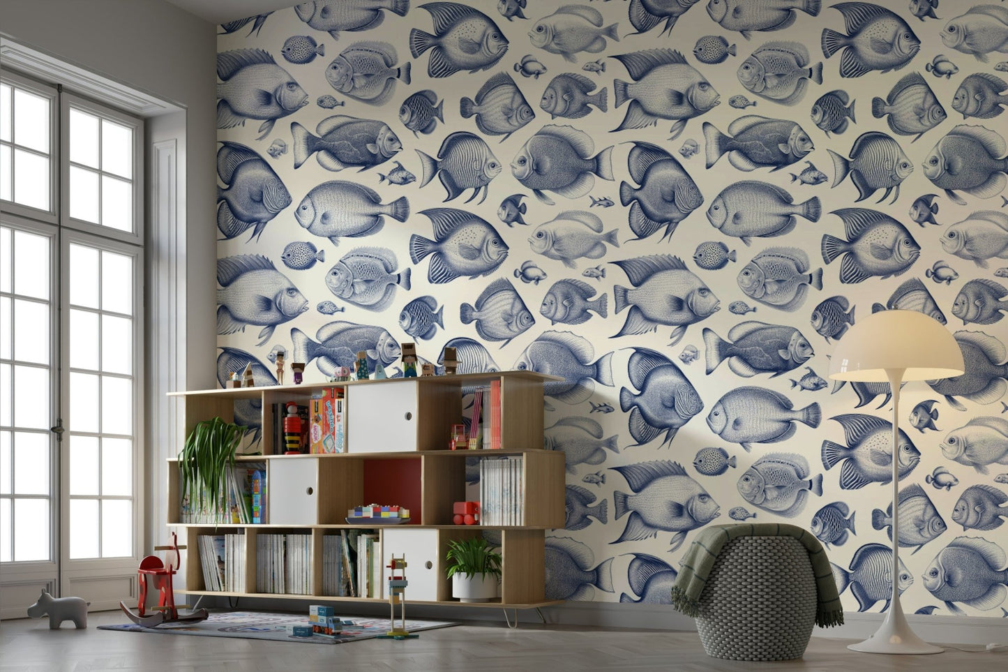 Soft cream background with repeating fish imagery

