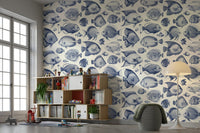 Soft cream background with repeating fish imagery

