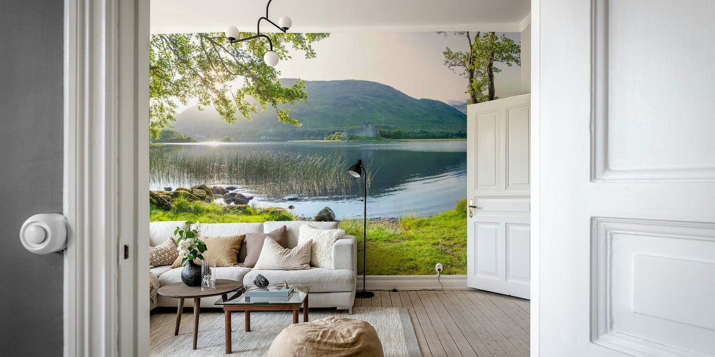 A calming serene mountain wallpaper mural that defines a space.

