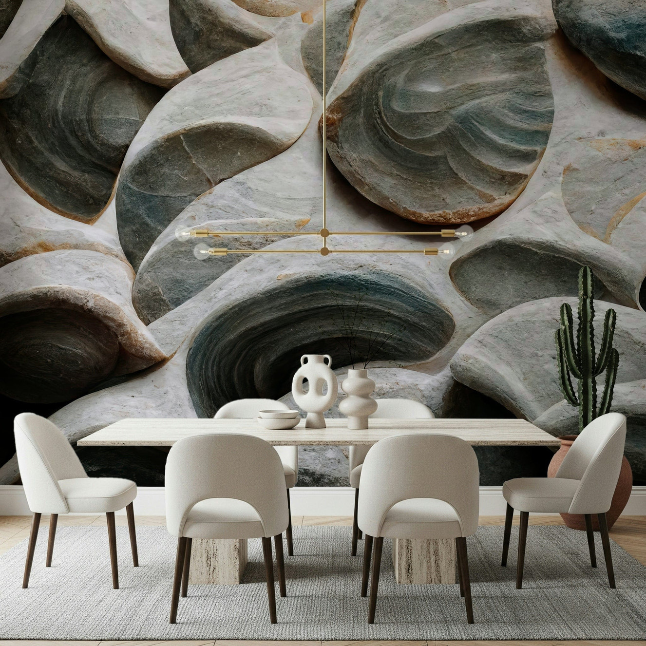 Artistic stone wall mural creating a sophisticated, architectural look.