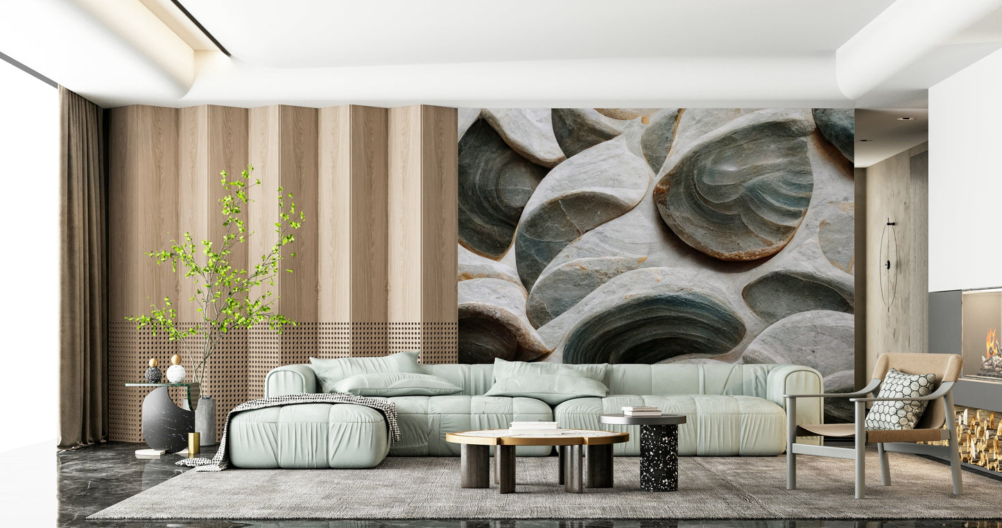 Stone-effect wall mural creating a natural, sculpted stone appearance for home decor.