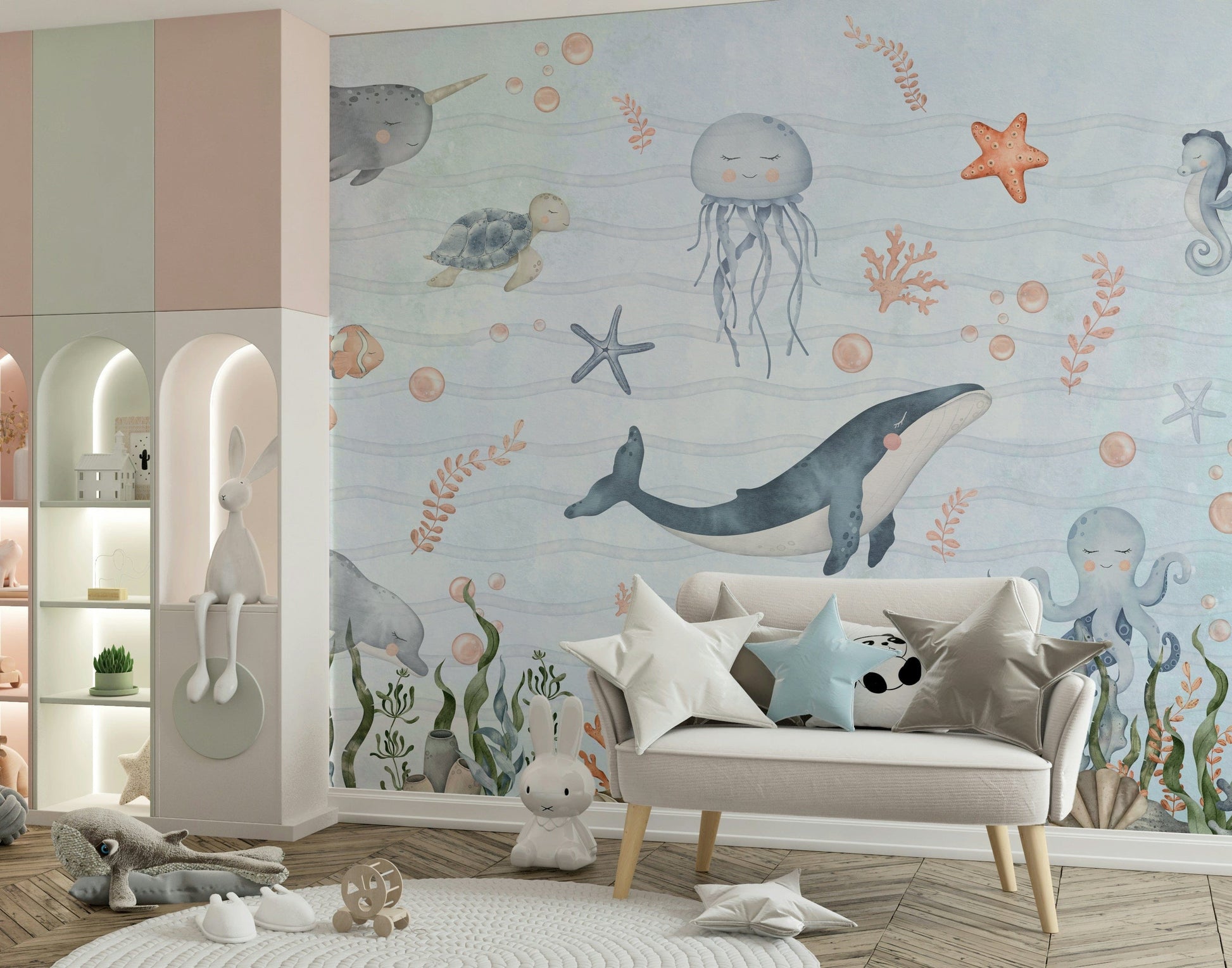Whimsical sea creatures wallpaper mural for playroom, modern style, wall decor use