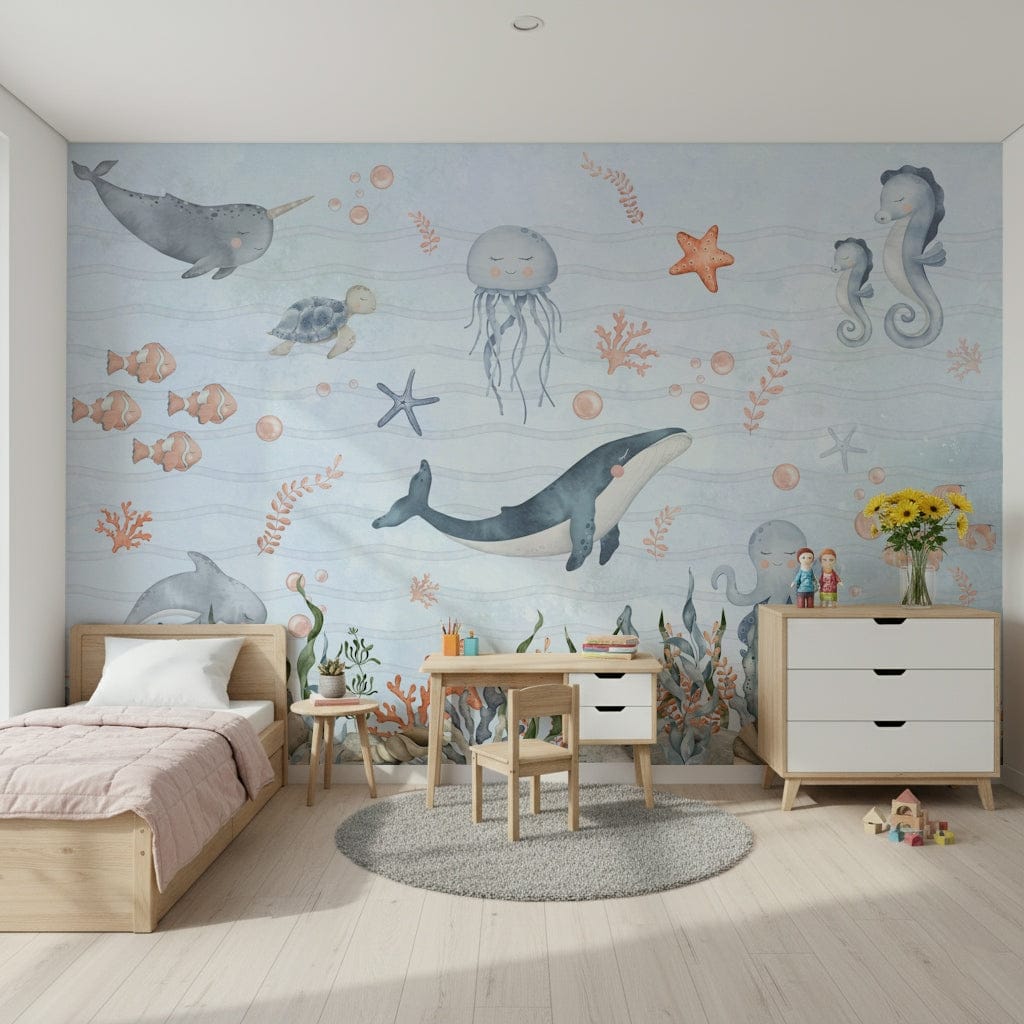Kids room wall decor mural with turtles and fish, light color scheme, feature wall