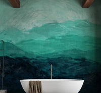 Watercolor Mountain Wallpaper for Spa-like Bathroom