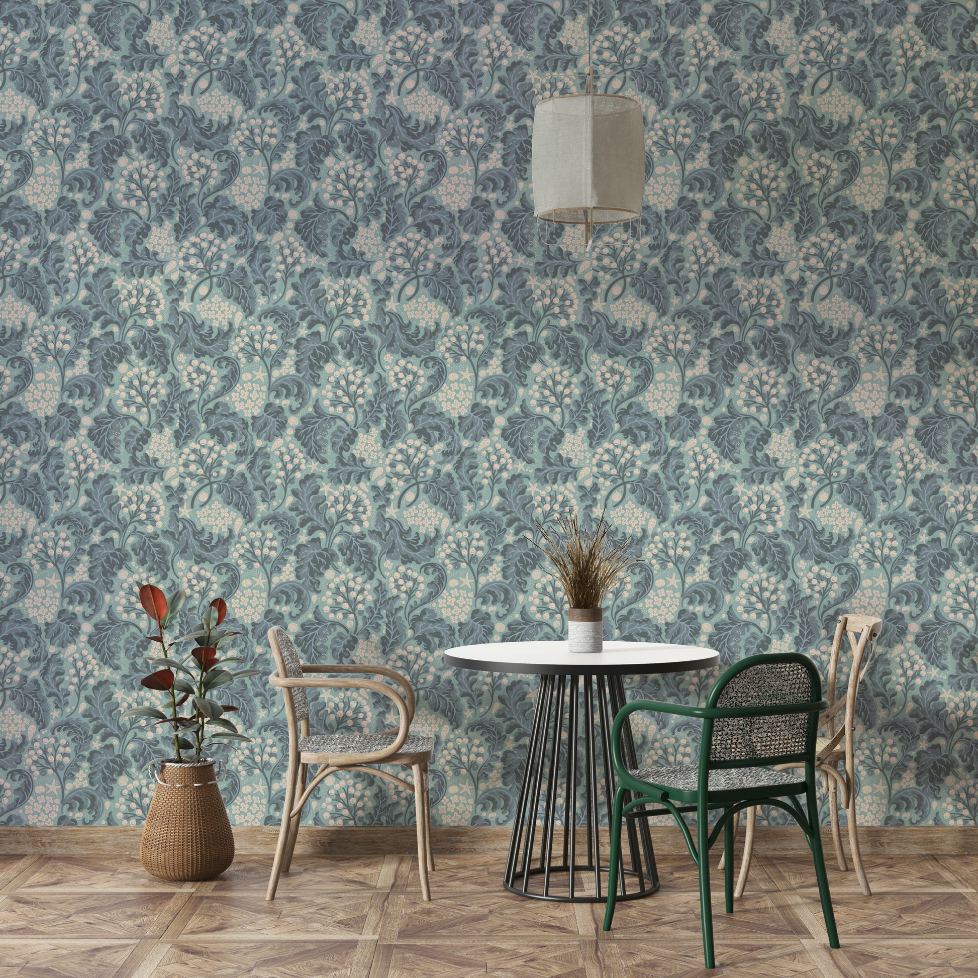 Bold turquoise wallpaper with sea kale motif

