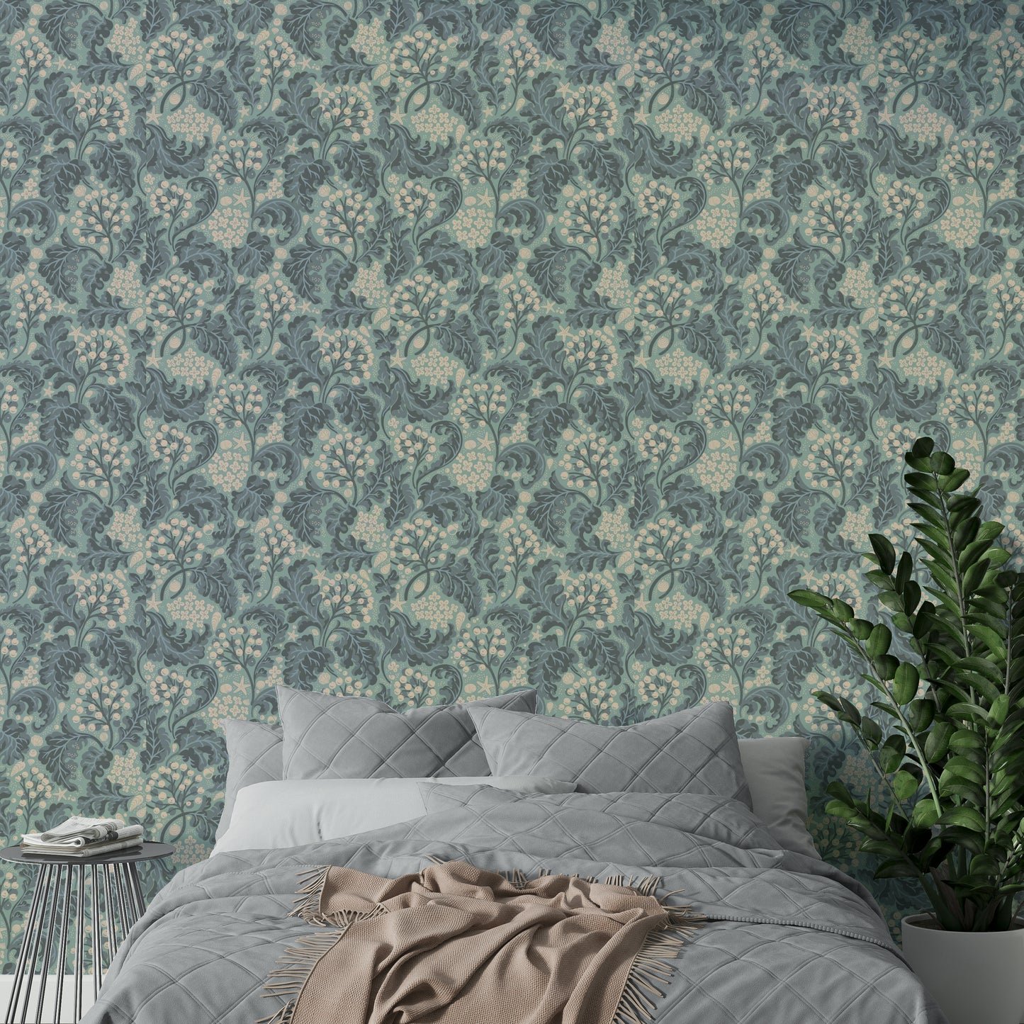 Coastal wallpaper in rich aquatic hues

