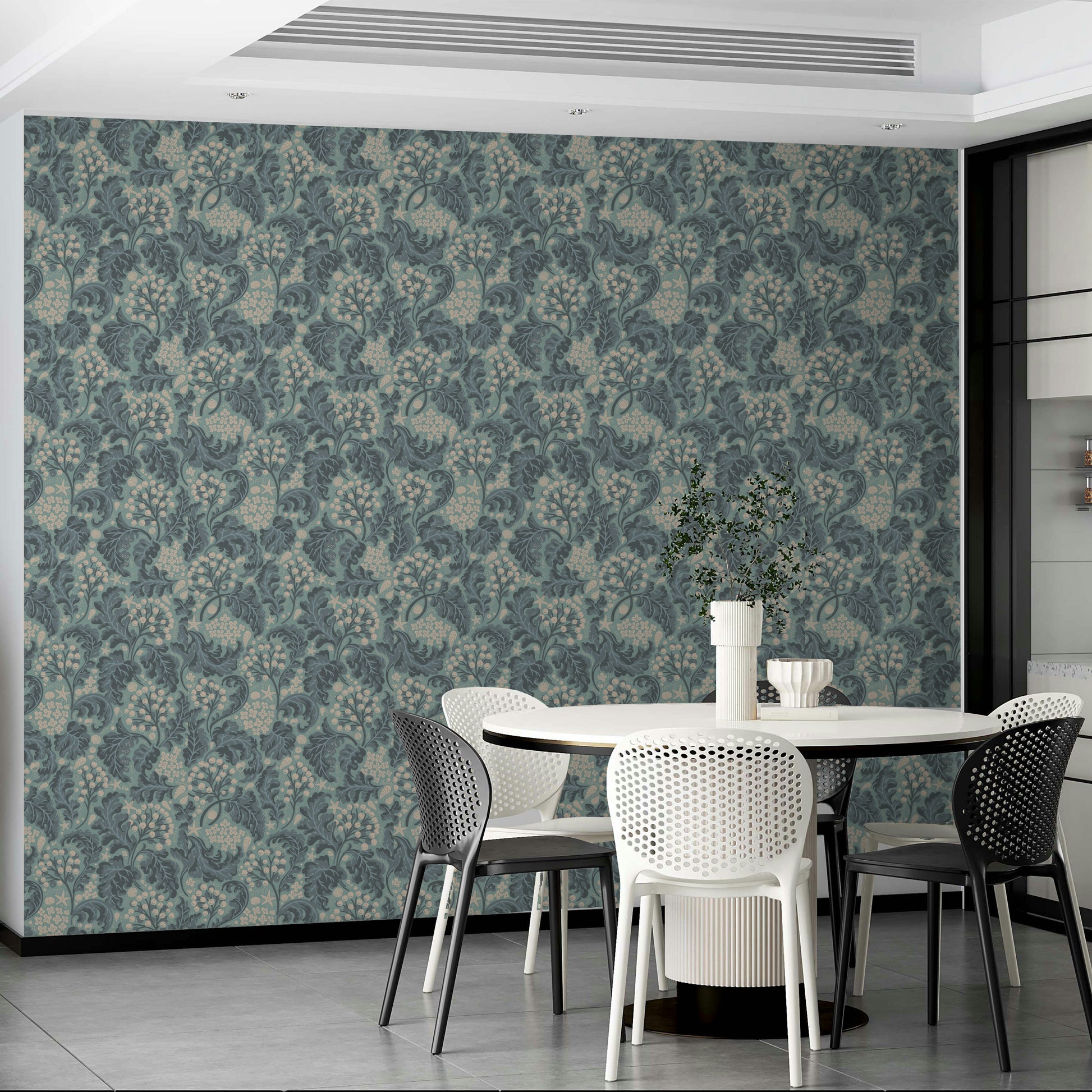 Turquoise wallpaper with flowing sea kale design

