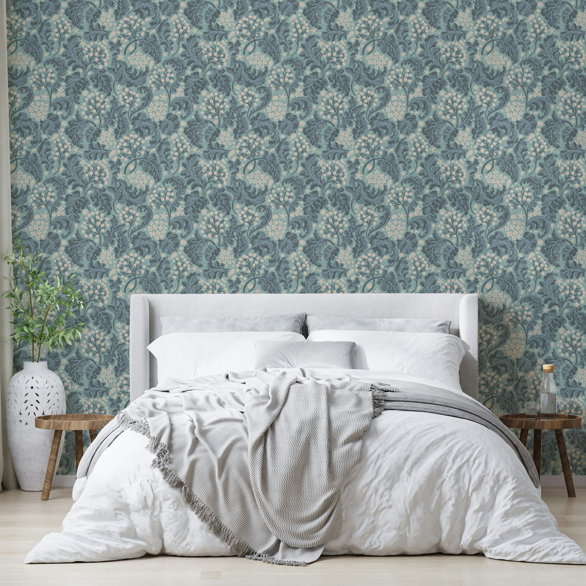 Botanical wallpaper in ocean-inspired turquoise

