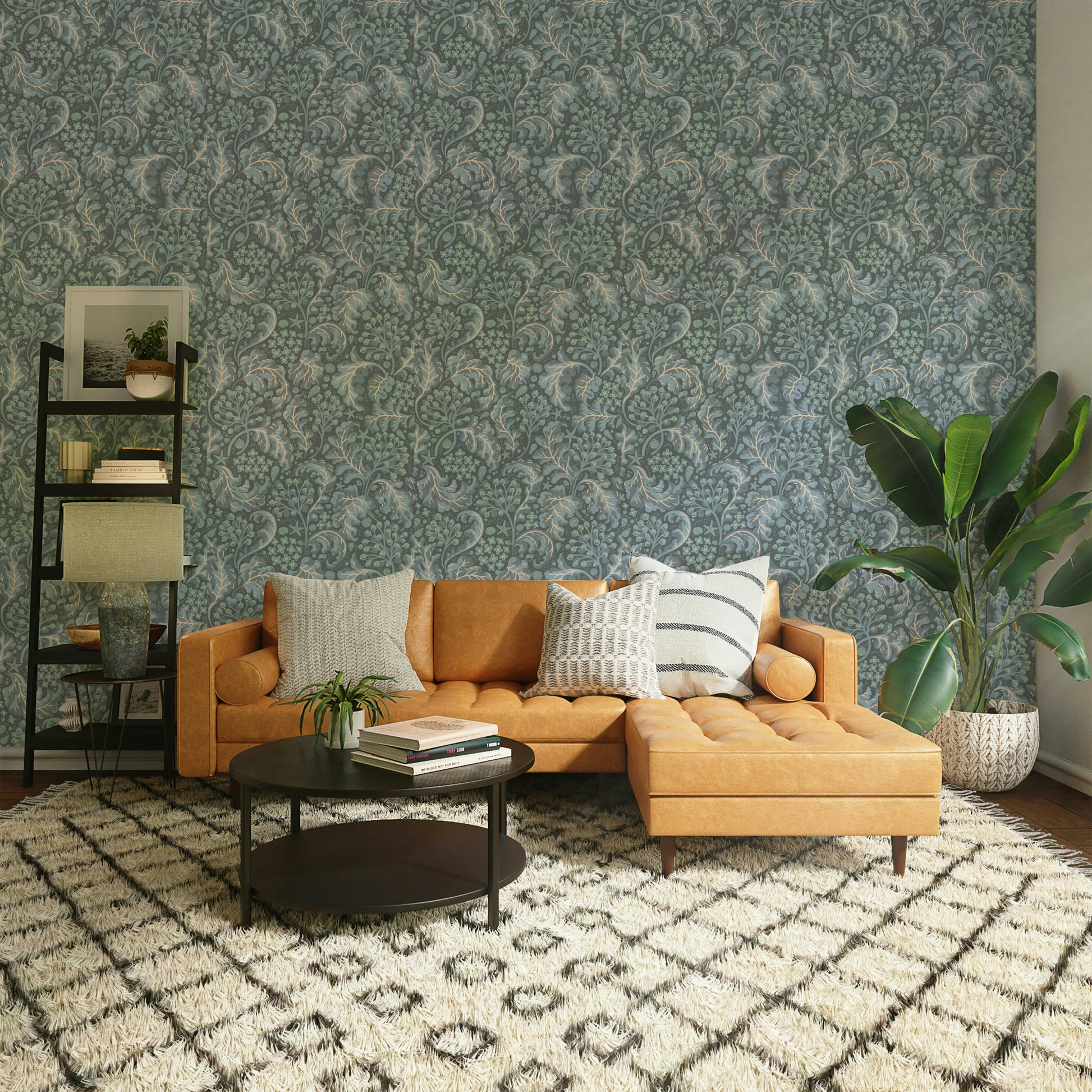 Deep navy wallpaper with botanical sea kale print

