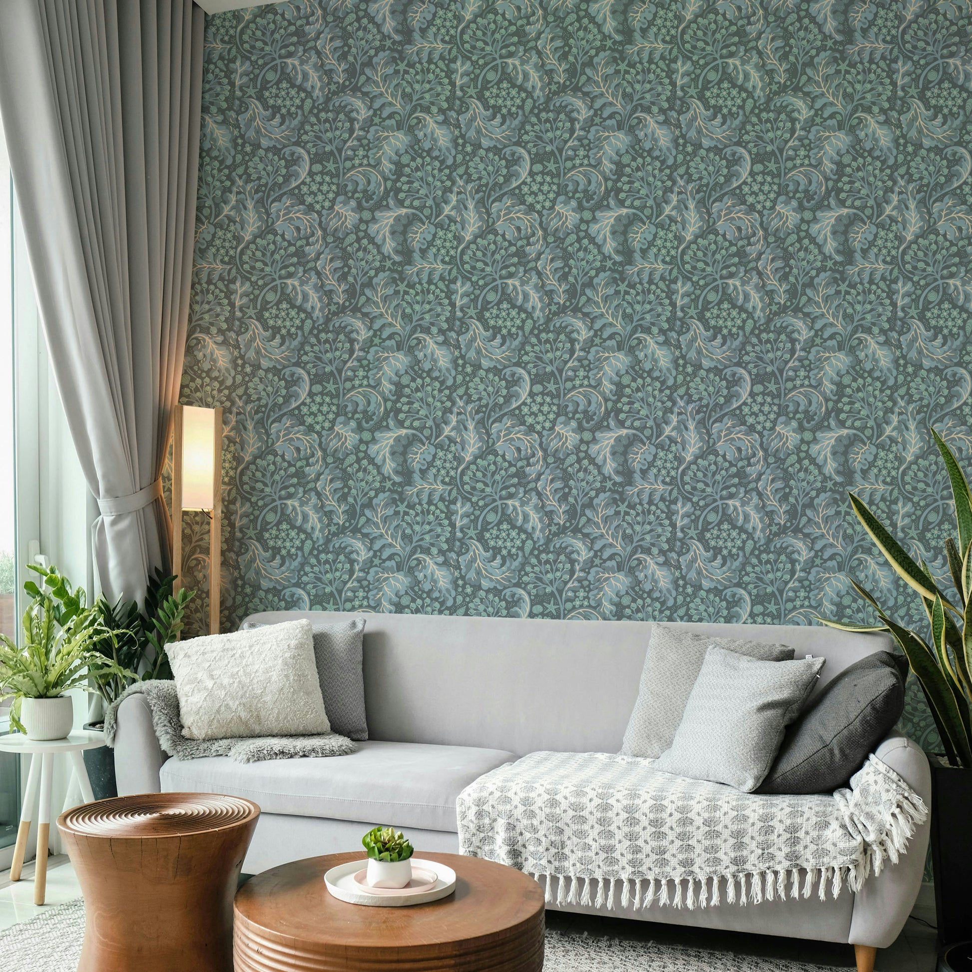 Elegant wallpaper with sea kale on dark blue background

