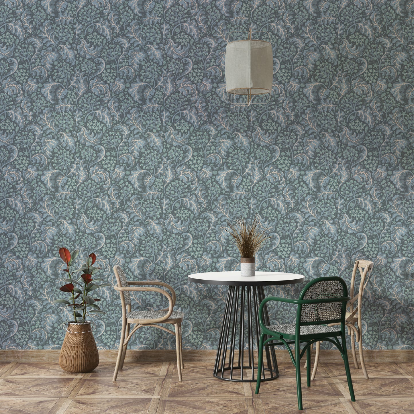 Sea kale leaf pattern in rich navy and ocean tones

