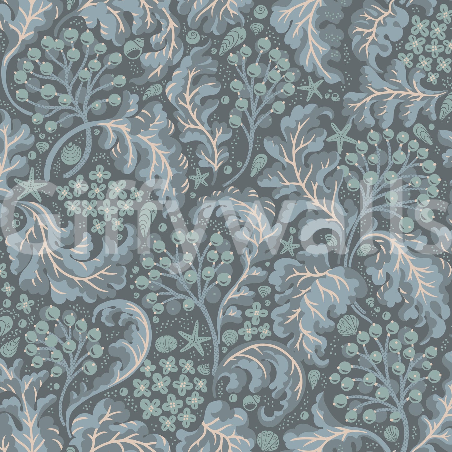 Sea Kale Deep Blues wallpaper close-up showing steel-blue kelp, blush coral and mint berries on charcoal
