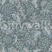 Sea Kale Deep Blues wallpaper close-up showing steel-blue kelp, blush coral and mint berries on charcoal