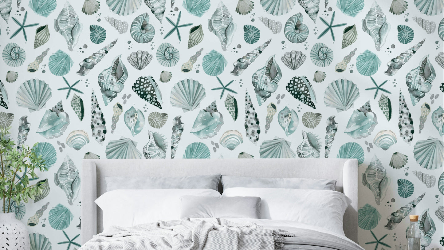 Sea Shells Coastal Summer Blue Wallpaper with soft ocean blue shells.

