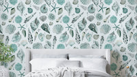 Sea Shells Coastal Summer Blue Wallpaper with soft ocean blue shells.

