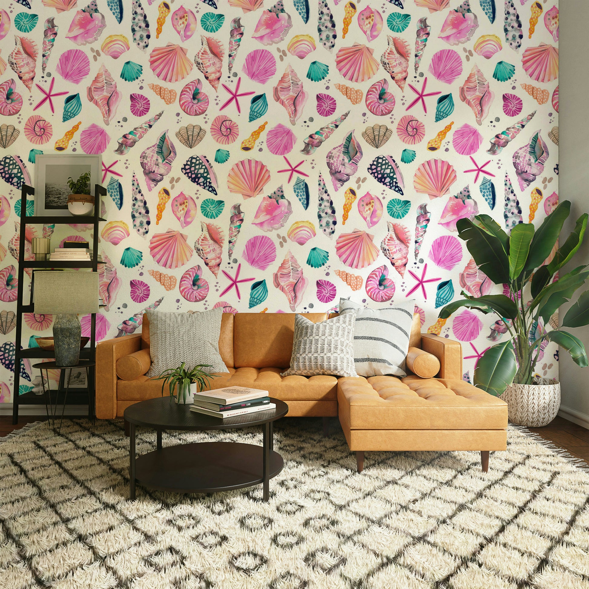 Seashell mural with pink and beige tones for soft coastal decor.

