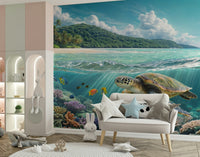 Sea turtle and coral mural in dining area, bright ocean colours, statement wall