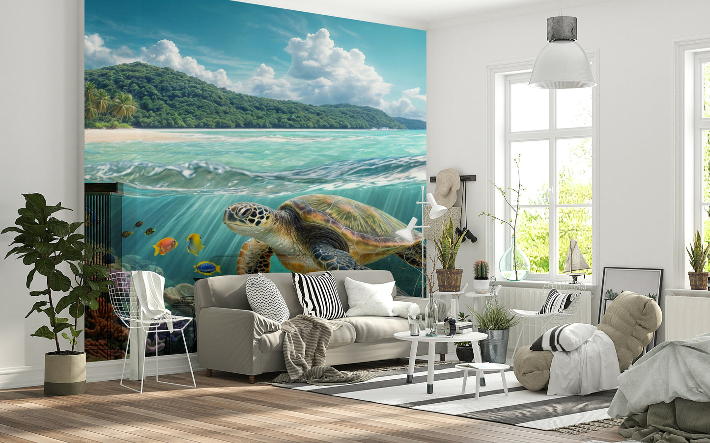 Ocean turtle wall mural for home office, modern style, clean underwater backdrop