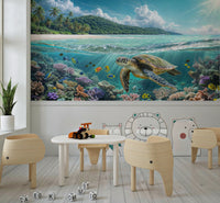 Underwater turtle wallpaper mural for hallway, soft blues, coastal home styling