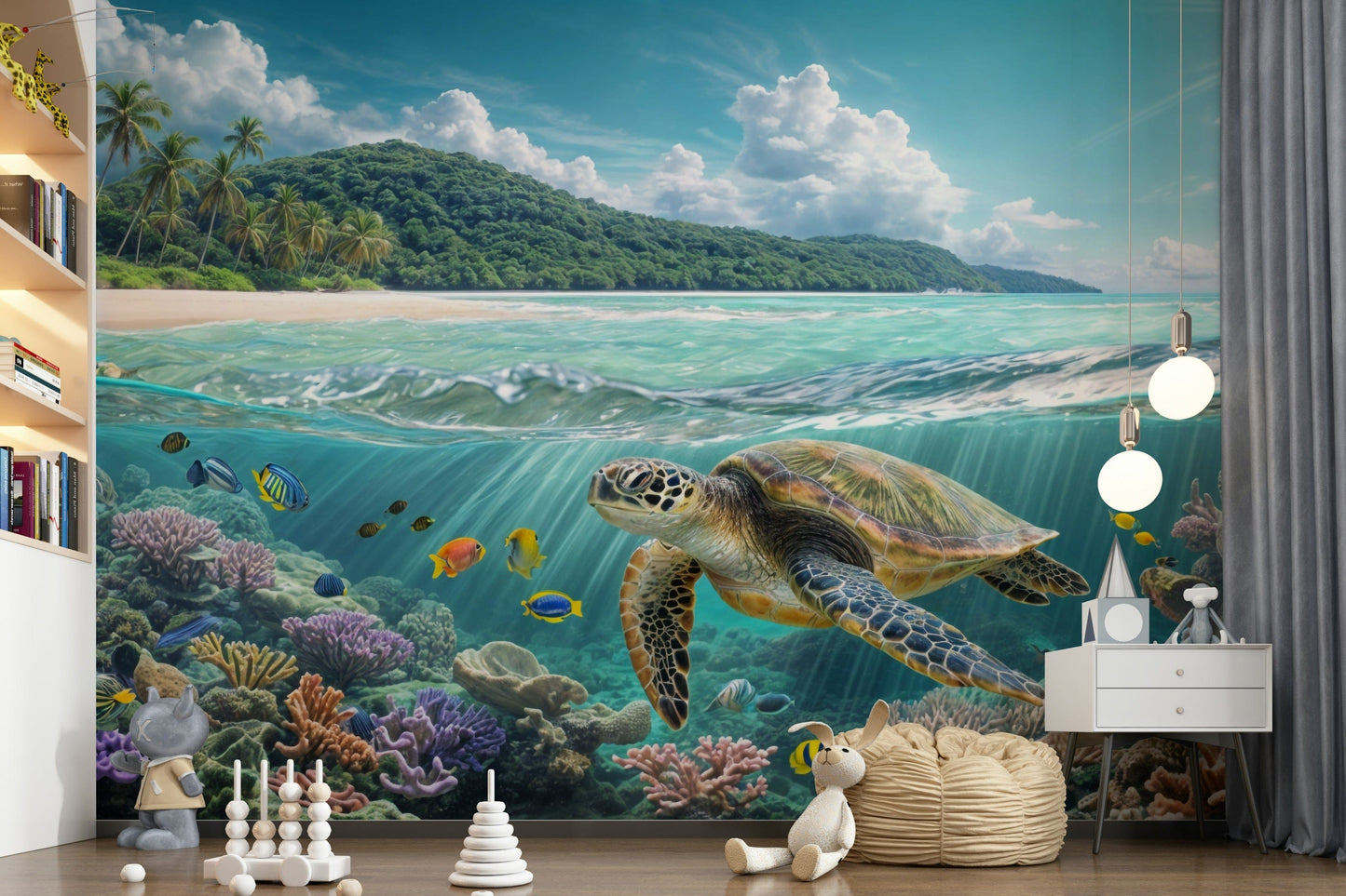 Sea turtle wall mural in modern living space, blue ocean colours, feature wall