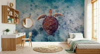 Serene underwater wallpaper featuring sea turtles and soft aquatic tones for home interiors.