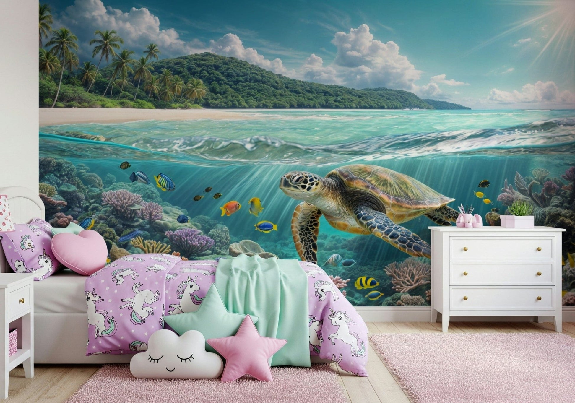 Sea Turtle's Paradise Wall Mural in bedroom, calm ocean scene, blue colour palette