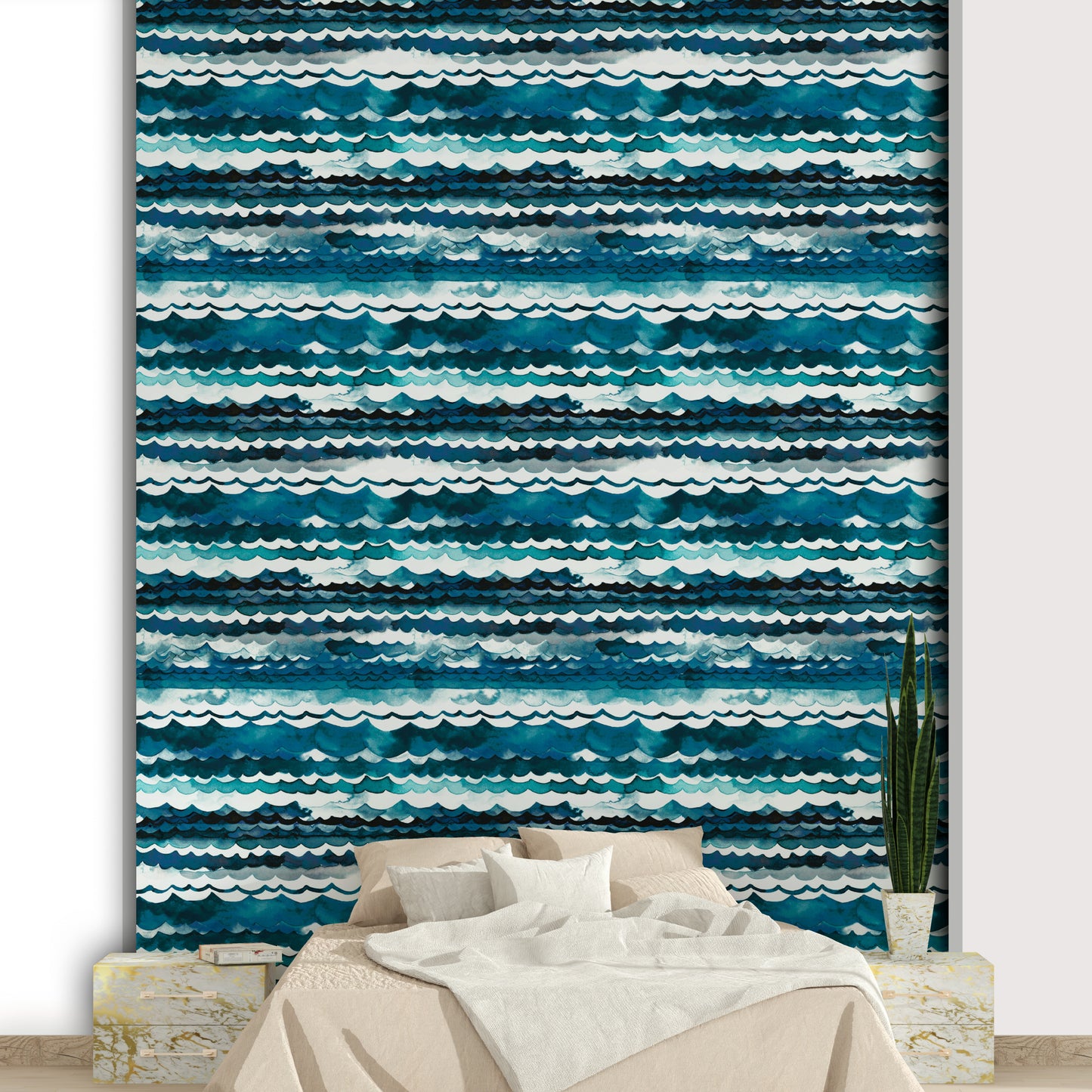 Watercolor sea mural with natural, wavy brush strokes.

