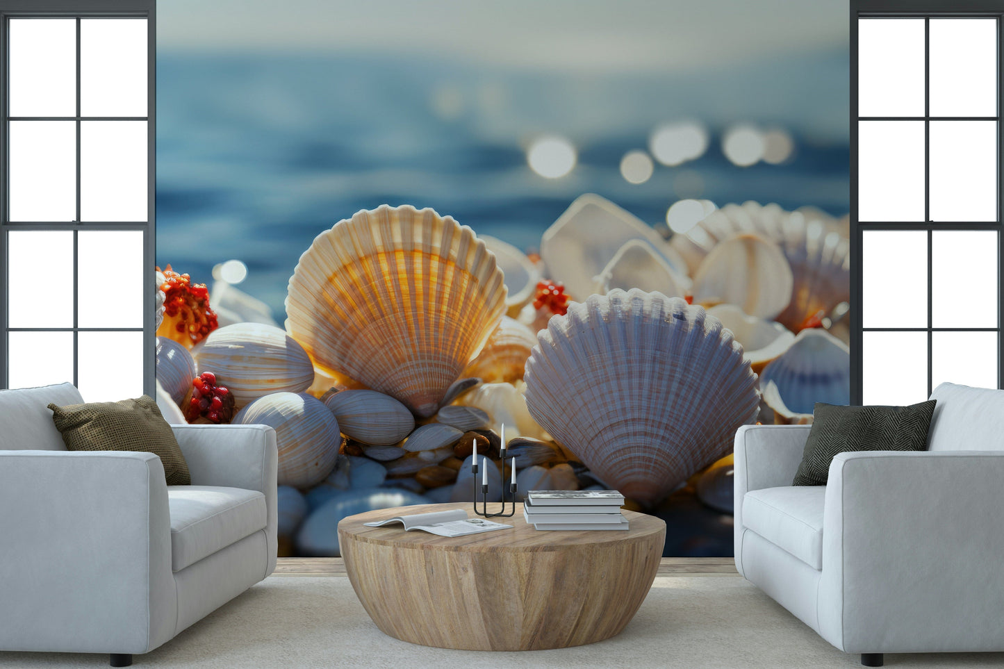 Beach-inspired mural with calming seashell patterns for serene interiors.
